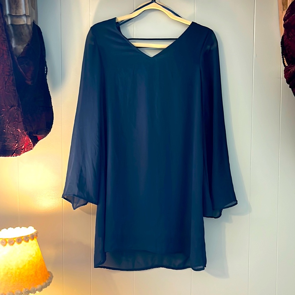 JAPNA-WOMEN LONG SHEER SLEEVES FLOWY NAVY BLUE DRESS- SMALL